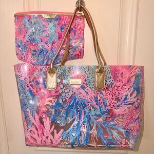 Lilly Pulitzer Pink, Blue & Coral Coral Reef Beach Tote with Gold Handles